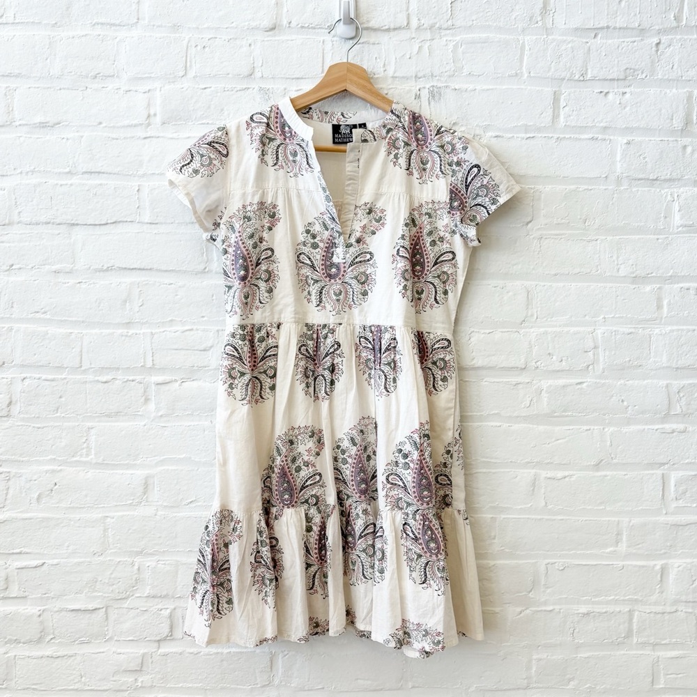 Madison Mathews || Tiered Block Print Mini Dress A-line Paisley‎ White Small